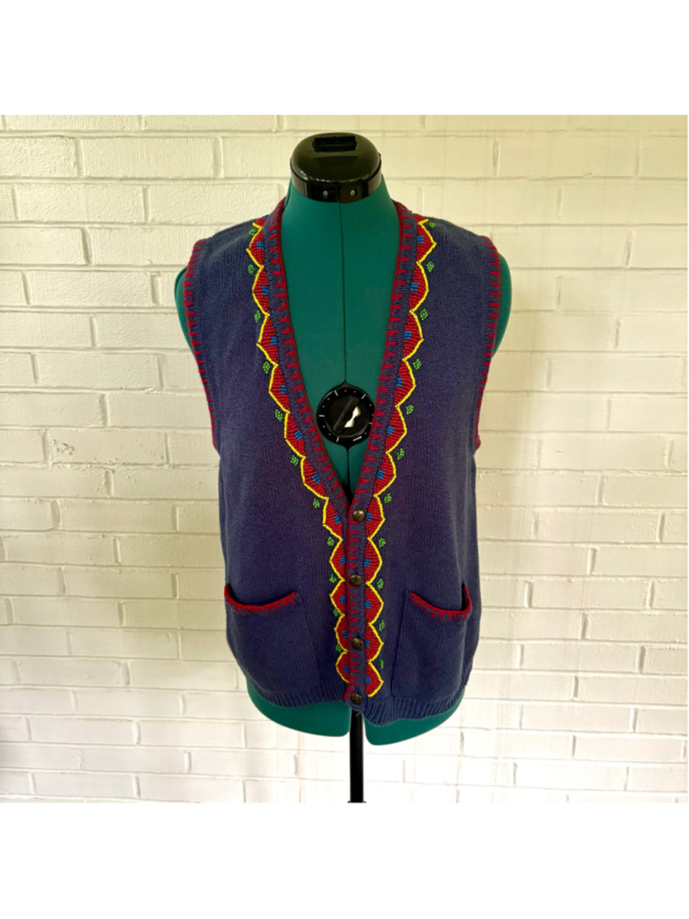 Women's Lizwear Beaded Knit Vest Blue Red Size L